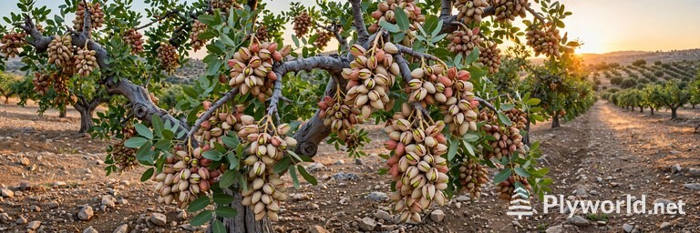 Árbol de pistacho: cómo cultivar el pistachero en clima mediterráneo 3 Árbol de pistacho con racimos de frutos maduros en una plantación mediterránea al atardecer